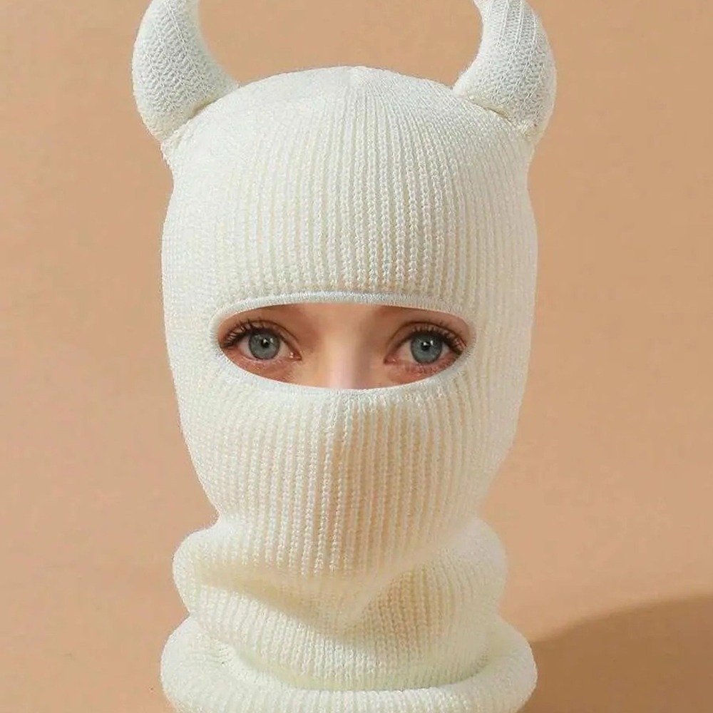 New Vegan Ivory Devil Knit Balaclava Ski Mask Full Face Beanie Hat
